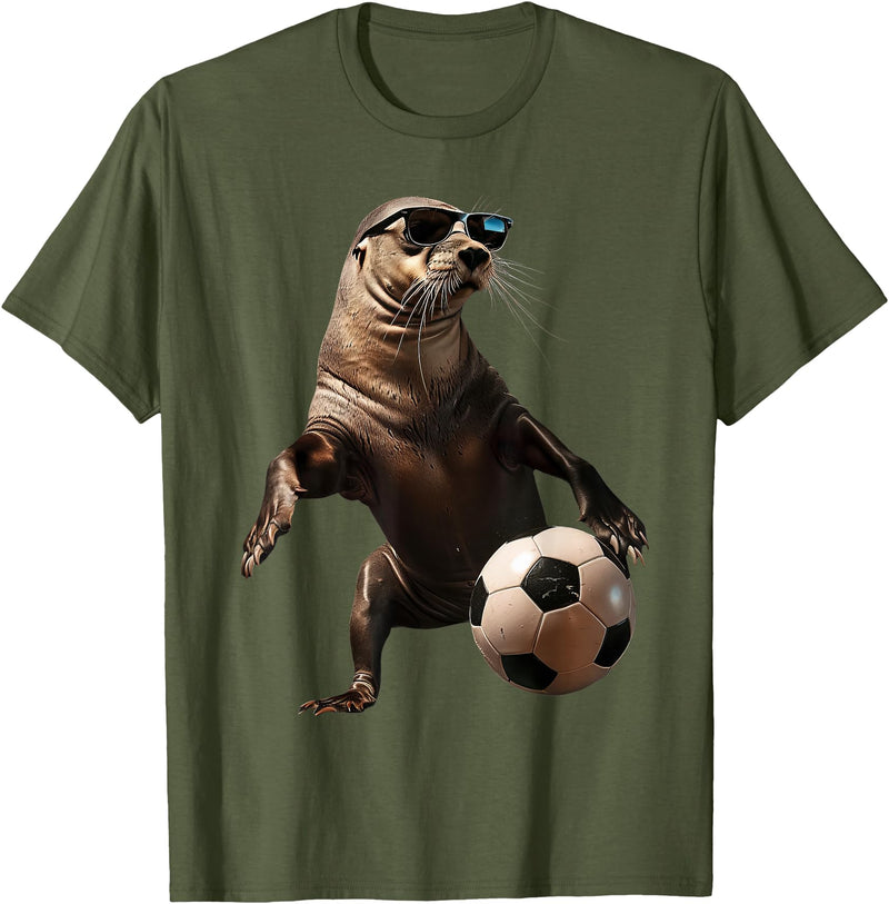 Animal Soccer Design Sea Lion Soccer T-Shirt - Olive Green