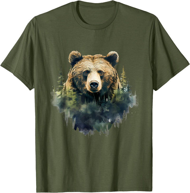 Bear Forest Animal Art Portrait Forest Artwork Wildlife T-Shirt - Olive Green