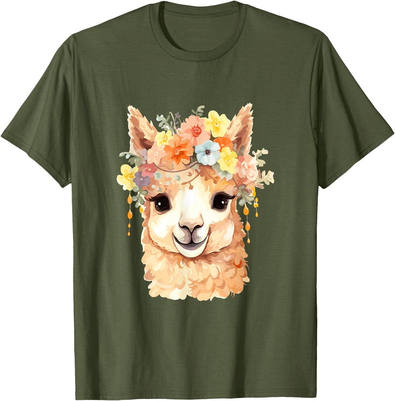 Alpaca and llama with flowers Designs Alpaca with Flowers, Cute Alpaca and Llama T-Shirt - Olive Green