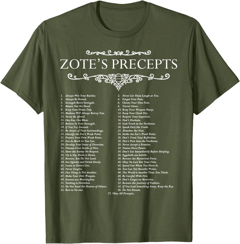 MathWare Funny Nerdy Zote's Precepts Knight Gamer T-Shirt - Olive Green