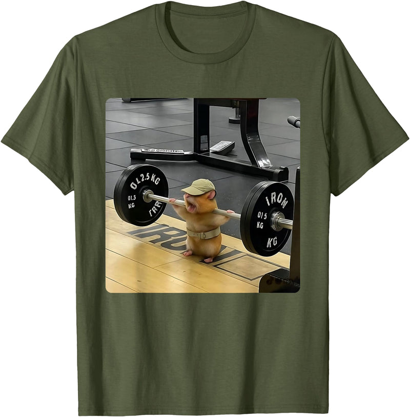 Hamster Deadlift Training Funny Cute Rat Weightlifting Meme T-Shirt - Olive Green