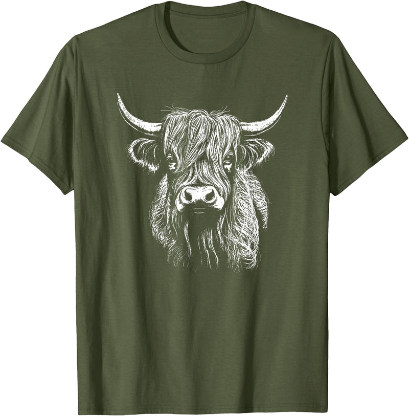 Scottish Highland Cattle Cow Merch Scottish Highland Cattle Cow Drawing T-Shirt - Olive Green