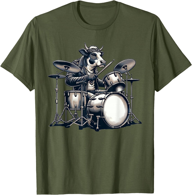 Cute Cow Playing Drums Cow Lover Apparel Cute Cow Playing Drums Cows Drummer Music T-Shirt - Olive Green