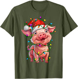 Pig Lovers Christmas Tree Lights Pig Santa Christmas Tree Lighting Xmas Funny T-Shirt - Olive Green