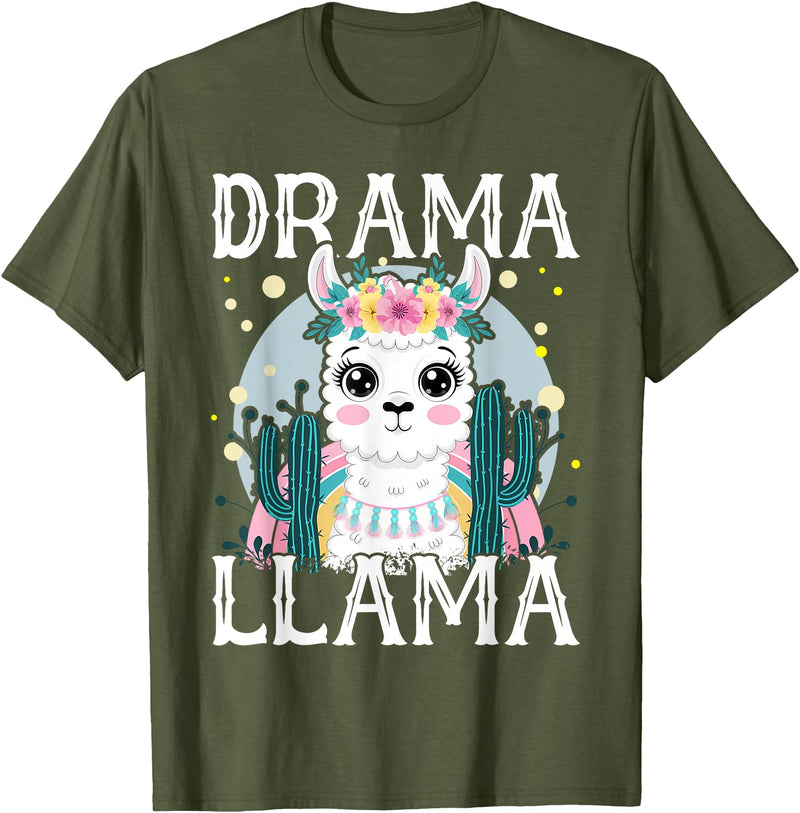 Llama Lover Gift Co. Drama Llama for Kids T-Shirt - Olive Green