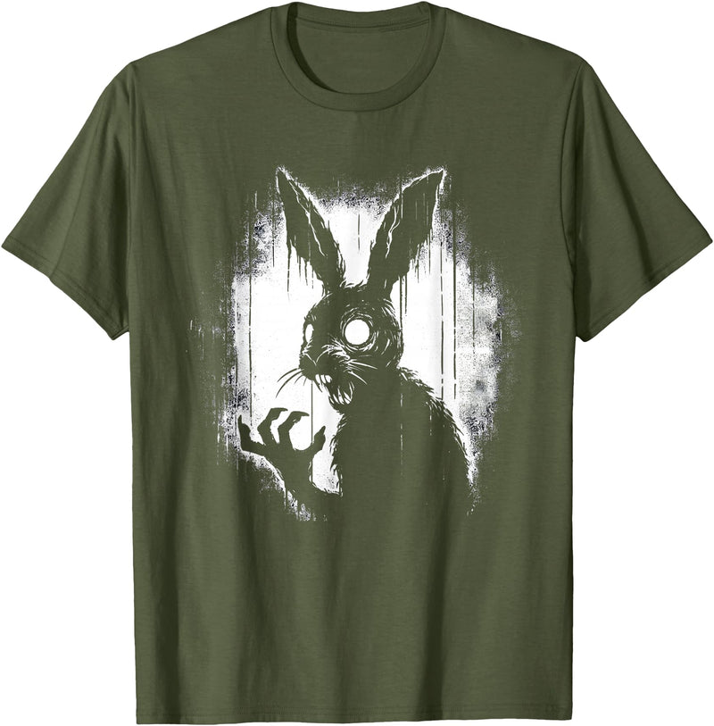 Scary Goth Rabbit, Horror Rabbit, Weirdcore Rabbit T-Shirt in Olive Green