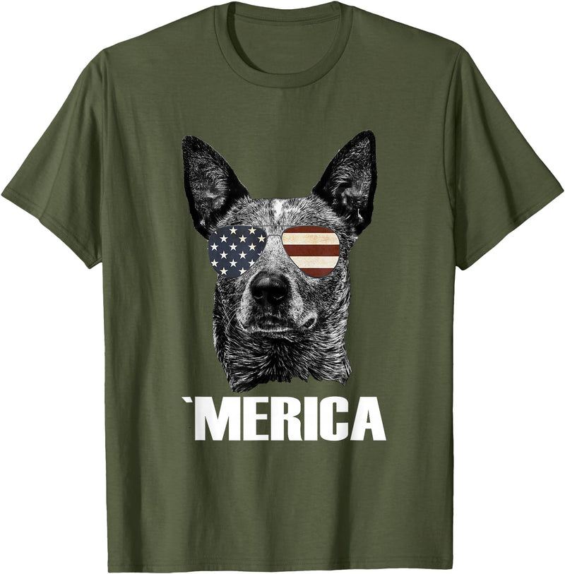 Australian Cattle Dog Patriotic Tee Gifts Merica Australian Cattle Dog with USA Flag Sunglasses Gift T-Shirt - Olive Green