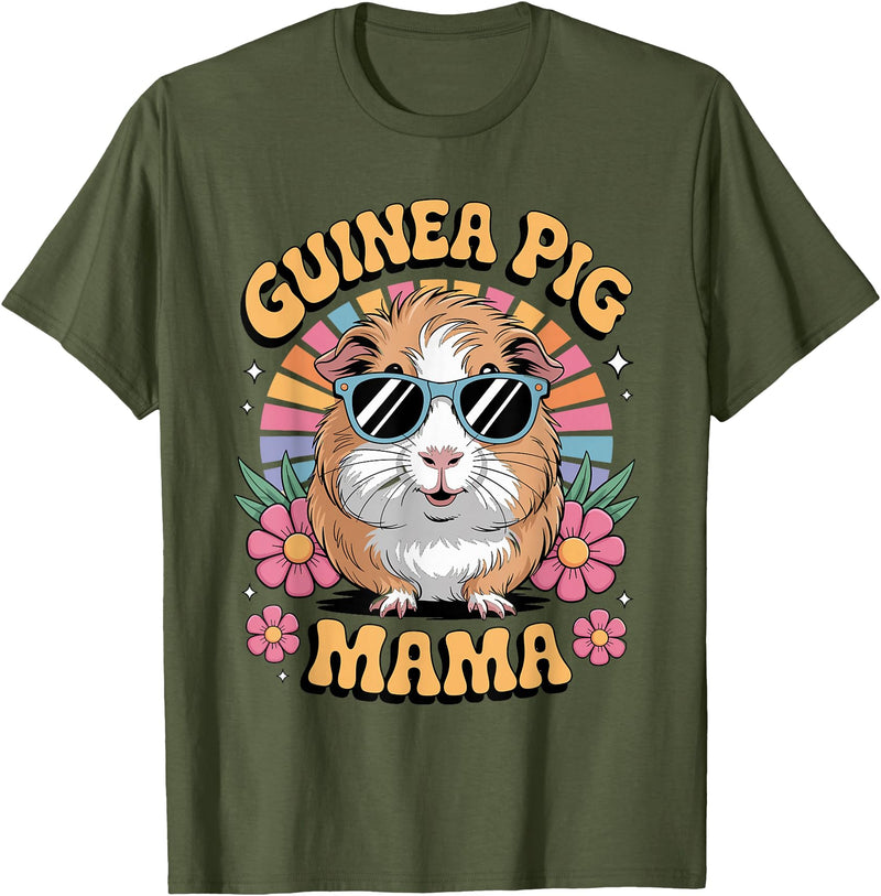 Guinea Pig Rodents Lover Mom Mother'S Day Guinea Pig Mama Floral Vintage 60s 70s Sunglasses T-Shirt - Olive Green