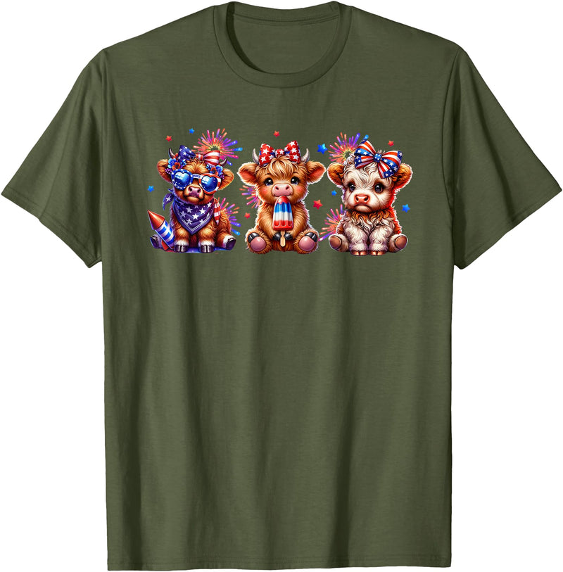 July 4th Highland Cow Farm Lovers American Costume Highland Cow Cattle Animal Lover Patriotic 4th of July T-Shirt - Olive