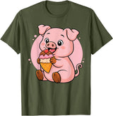 Funny Cute Pig Ice Cream Kawaii Design Pig Eating Ice Cream Graphic Boys Girls Pig Lover T-Shirt - Olive Green