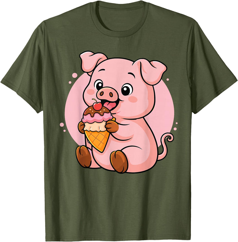 Funny Cute Pig Ice Cream Kawaii Design Pig Eating Ice Cream Graphic Boys Girls Pig Lover T-Shirt - Olive Green