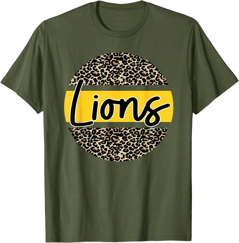 Lions School Spirit Leopard Print Yellow T-Shirt - Olive Green