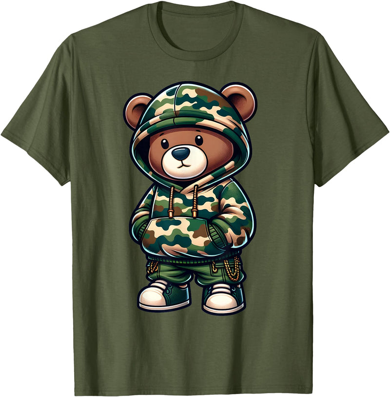 Camo Teddy Bear Hip Hop Designs for Men & Boys Camo Hip Hop Teddy Bear Camouflage Gangsta Streetwear Hustle T-Shirt - Olive Green