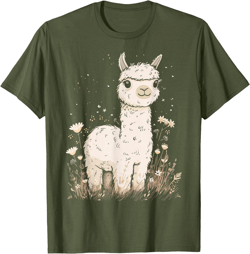 Alpaca Llama Lama Lover Cute Farm Animals Kids Llama Alpaca Lama Flowers Cute Adorable Baby Farm Animal T-Shirt - Olive Green