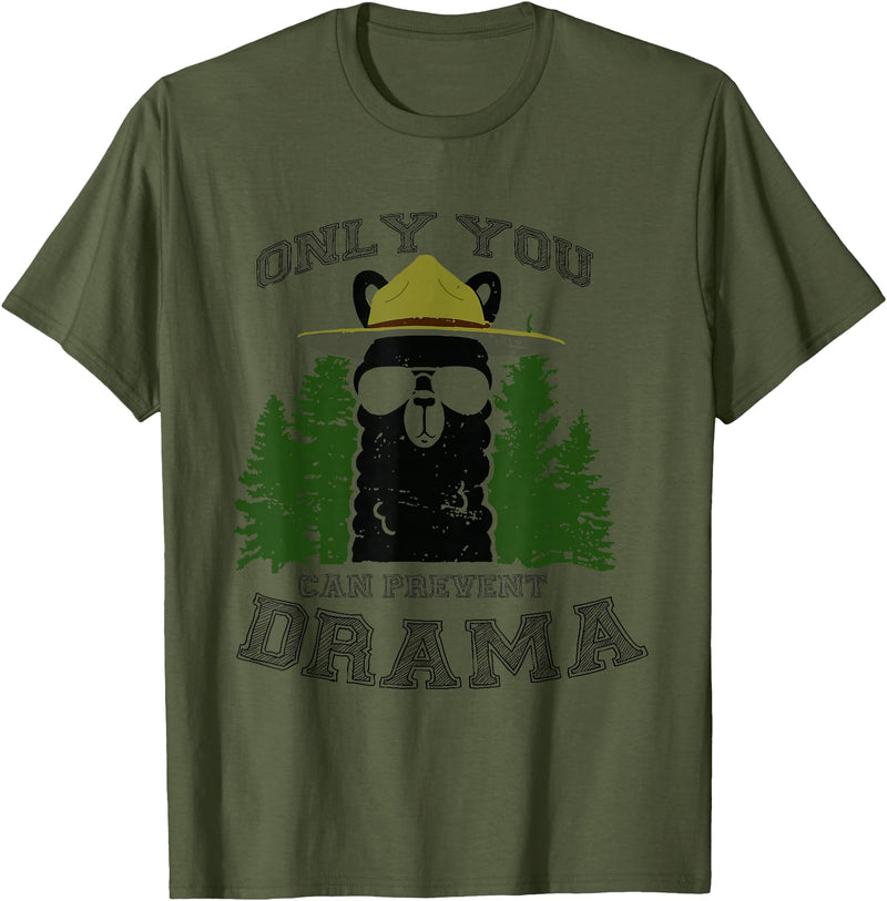 LaLa Designs Only You Can Prevent Drama Llama Forest Camping Smokey T-Shirt - Olive Green