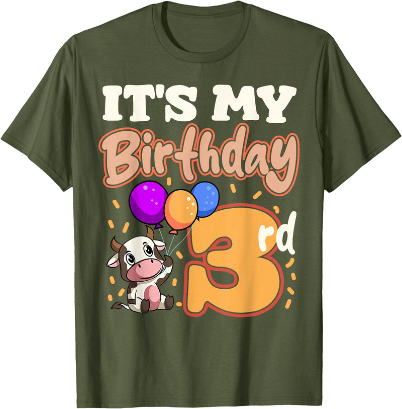 Cow Birthday 3 Party Farmyard Apparel Cow 3rd Birthday Party Balloons Moo Farm Animal Vet Barn T-Shirt - Olive Green