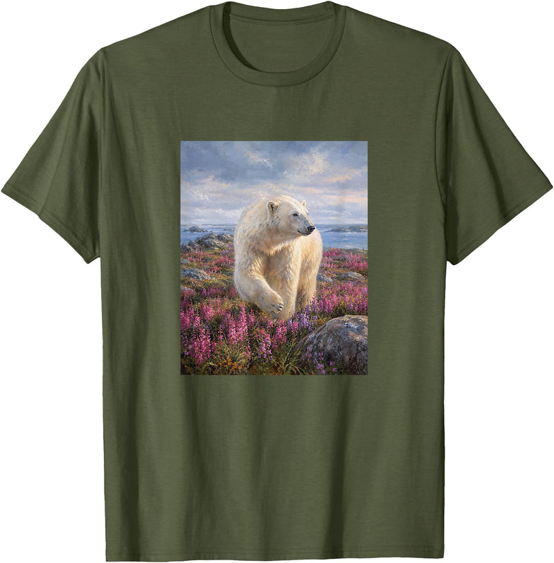 Dee Claire Art & Designs Polar Bear Summer Wildflower Meadow Nature Artwork T-Shirt - Olive Green