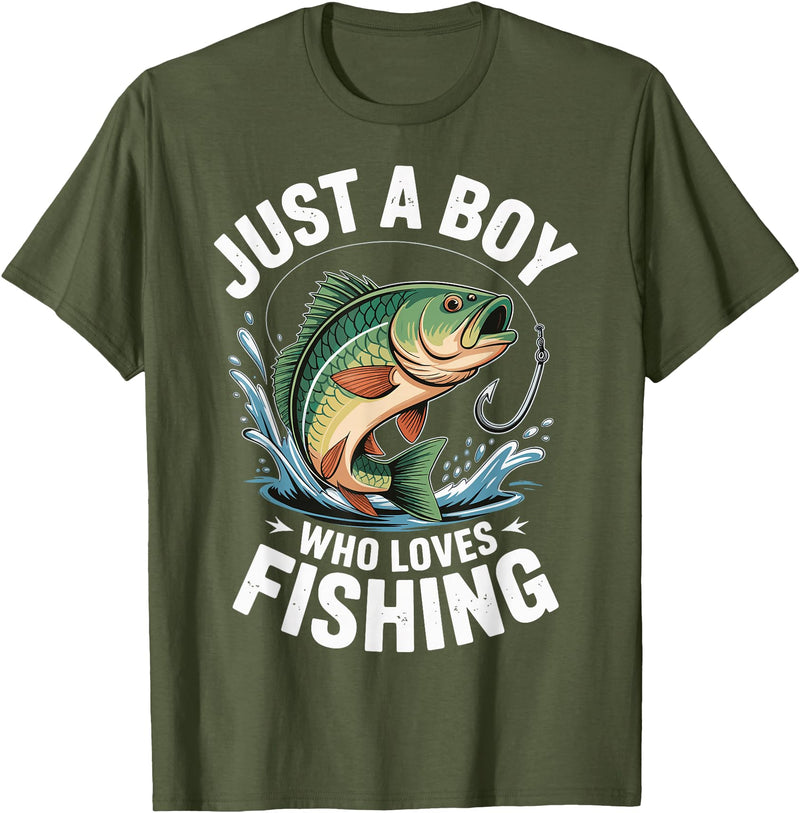 Boy Fishing Fisher Angler Kid Just A Boy Who Loves Fishing T-Shirt - Olive Green