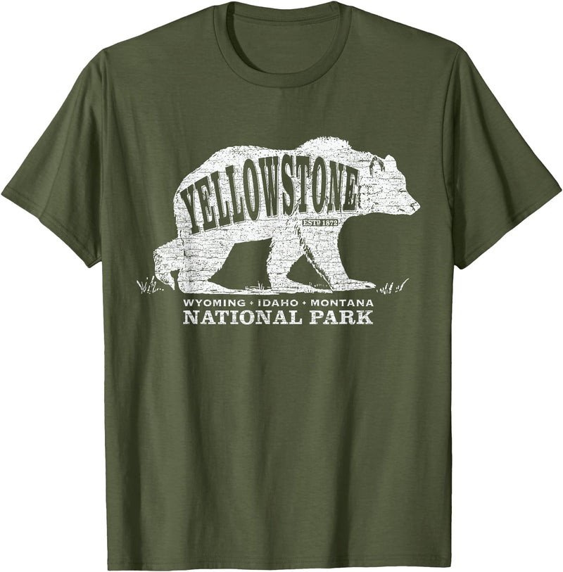 Vintage Yellowstone Retro Tees Tanks Tops Grizzly Bear Yellowstone National Park Est. 1872 T-Shirt - Olive Green
