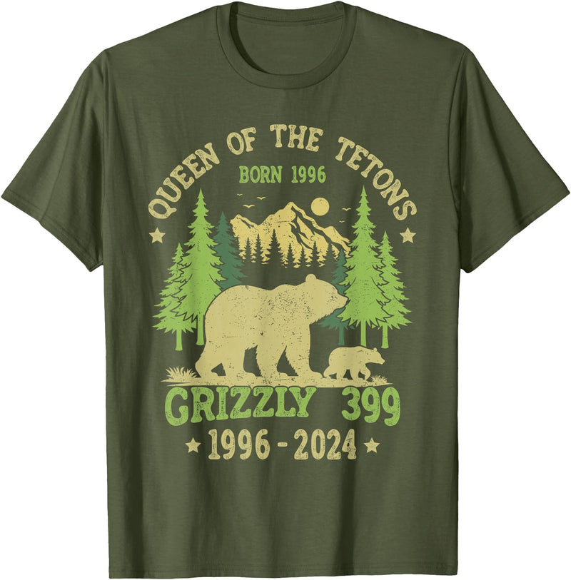 Vintage National Park Outfits Bear Lovers Apparel. Queen Of The Tetons Grizzly 399 National Park 1996-2024 T-Shirt - Olive Green