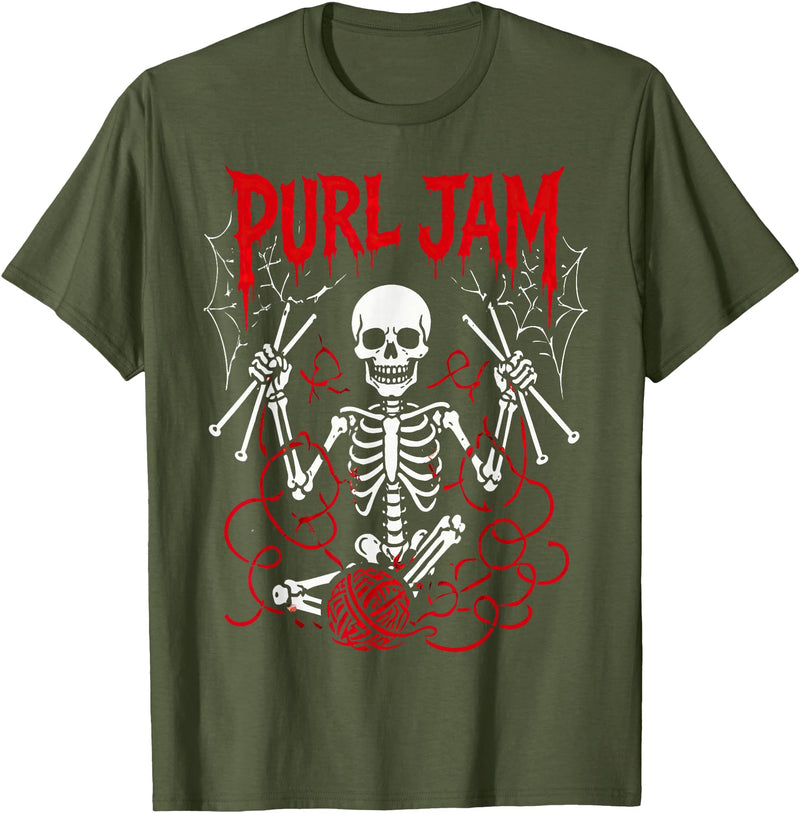 Bone Knitting Co. Purl Jam Skeleton Knitting Craft Lover Funny Design T-Shirt - Olive Green