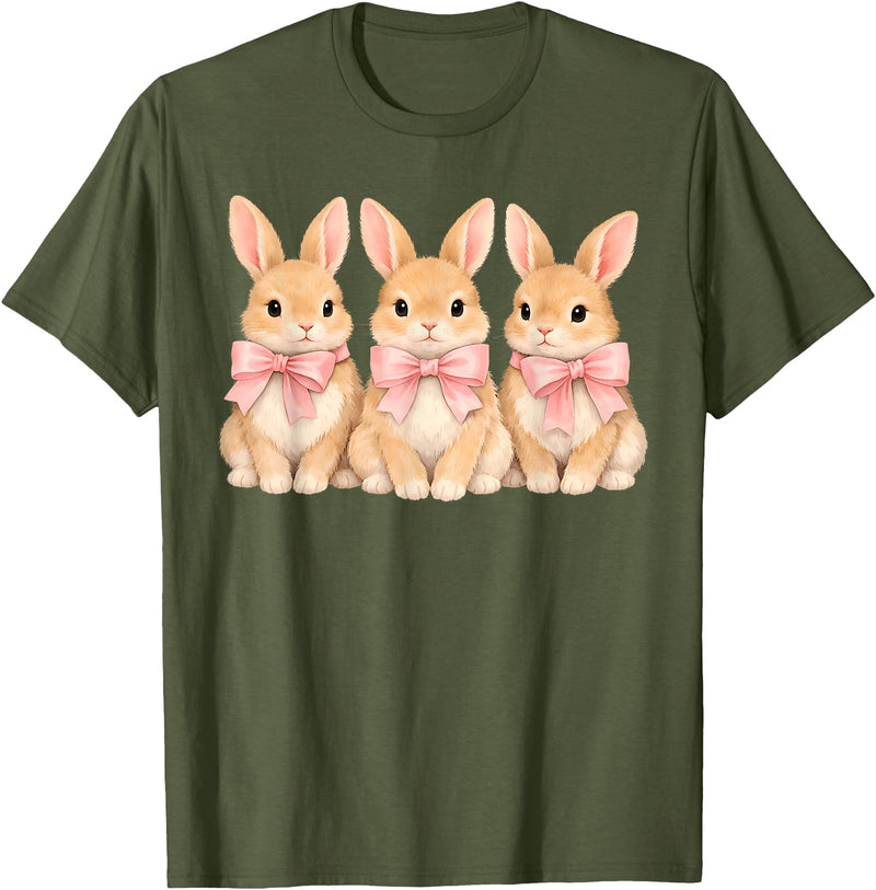 Retro Bunny Coquette Bow Rabbit Easter Women Teen Girls T-Shirt in Olive Green