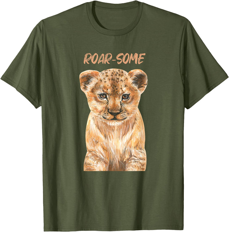 Safari Animals | African Wildlife Animals ROARSOME | Cute Lion Cub | Baby Lion Safari Wild Animal Pun T-Shirt - Olive Green