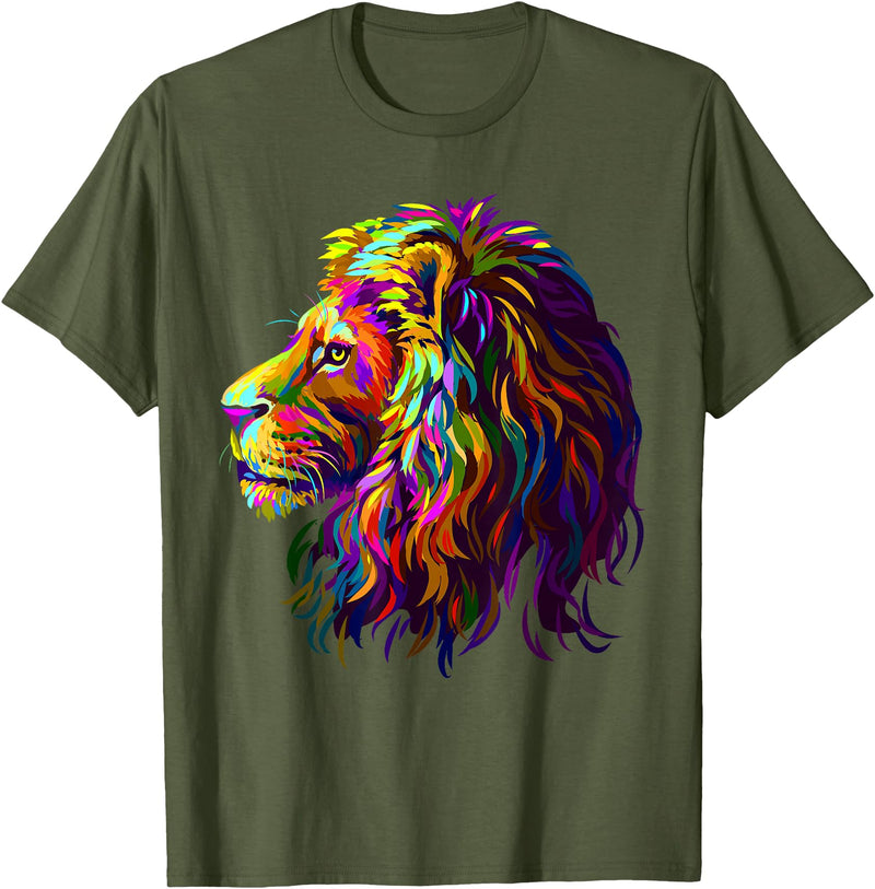 Lion Artistic For Men Women Kids Colorful Lion Head Design Pop Art Style T-Shirt - Olive Green