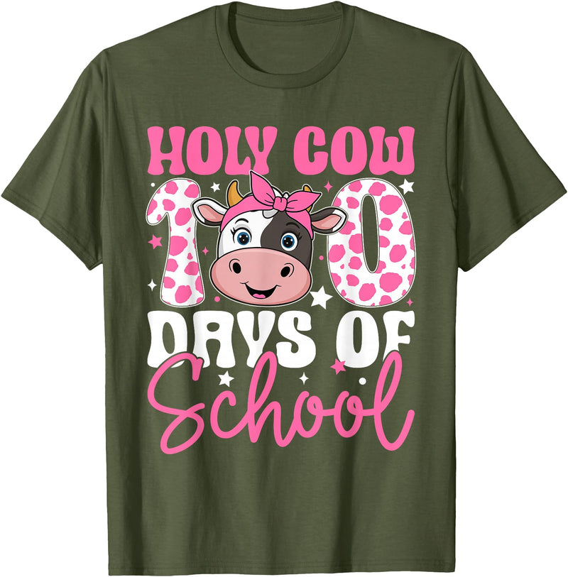 Holy Cow 100 Days of School Teachers Students Girls Women T-Shirt - Olive Green
