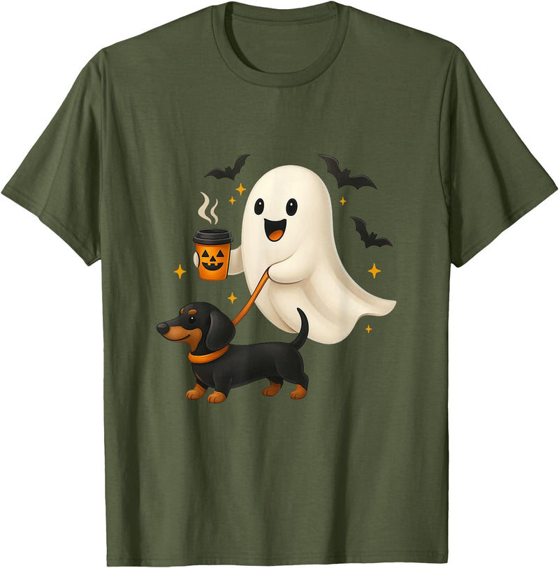 Funny Dachshund Ghost Coffee Dog Lover Halloween Funny Dachshund Ghost Coffee Halloween Wiener Dog Lovers T-Shirt - Olive