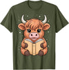 Funny Highland Cow Bookworm Lover Cute Highland Cow Reading Book T-Shirt - Olive Green