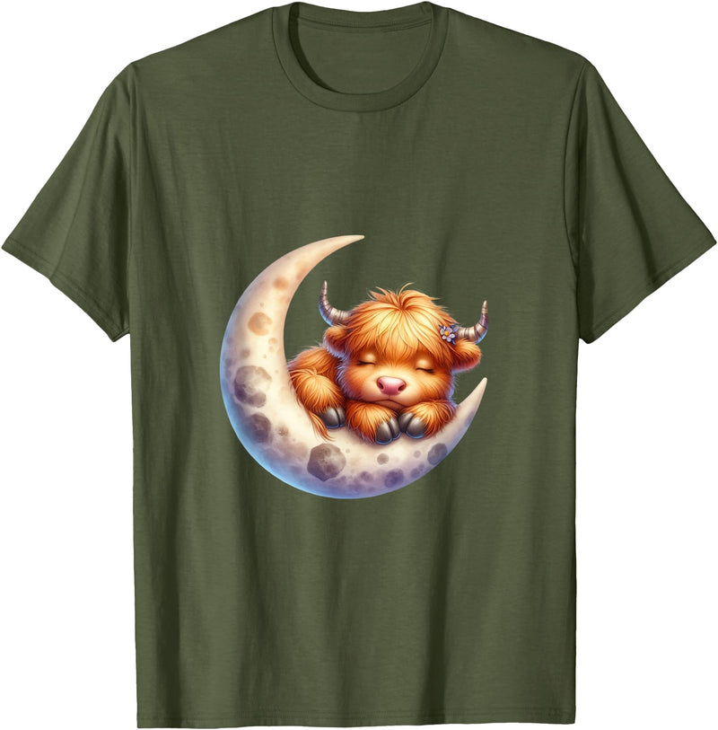 Cute Baby Highland Cow Sleeping on the Moon Heifer Farm T-Shirt - Olive Green