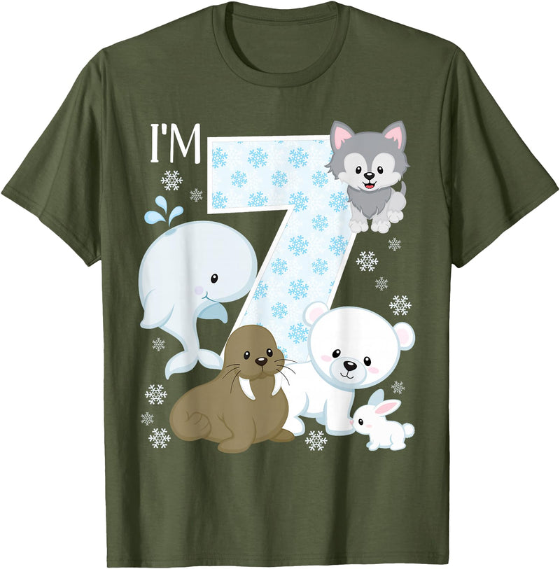 Arctic Animals Birthday Party Family Matching Bday Arctic Animals 7th Birthday Polar Bear Walrus Fox Sea Theme T-Shirt - Olive Green