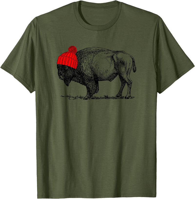Buffalo Beanie Buffalo Wearing a Beanie Stocking Hat T-Shirt T-Shirt - Olive Green