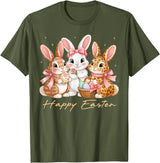 Happy Easter Women Girls Cute Bunny Rabbit Easter Day T-Shirt in Olive Green