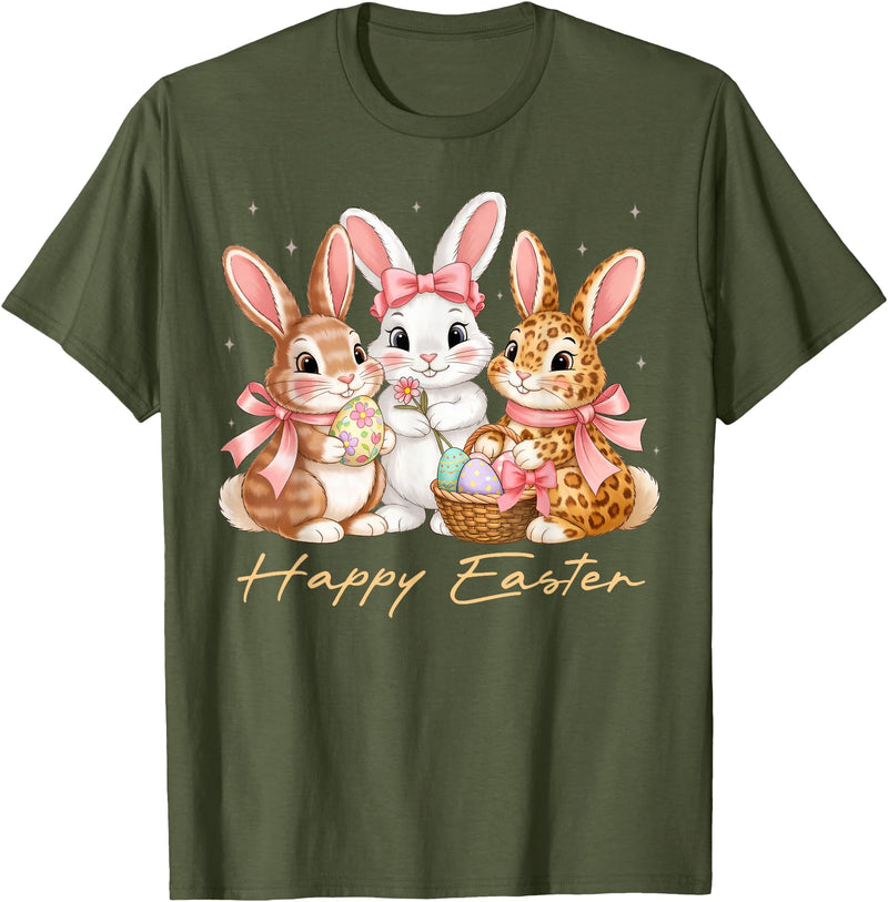 Happy Easter Women Girls Cute Bunny Rabbit Easter Day T-Shirt in Olive Green