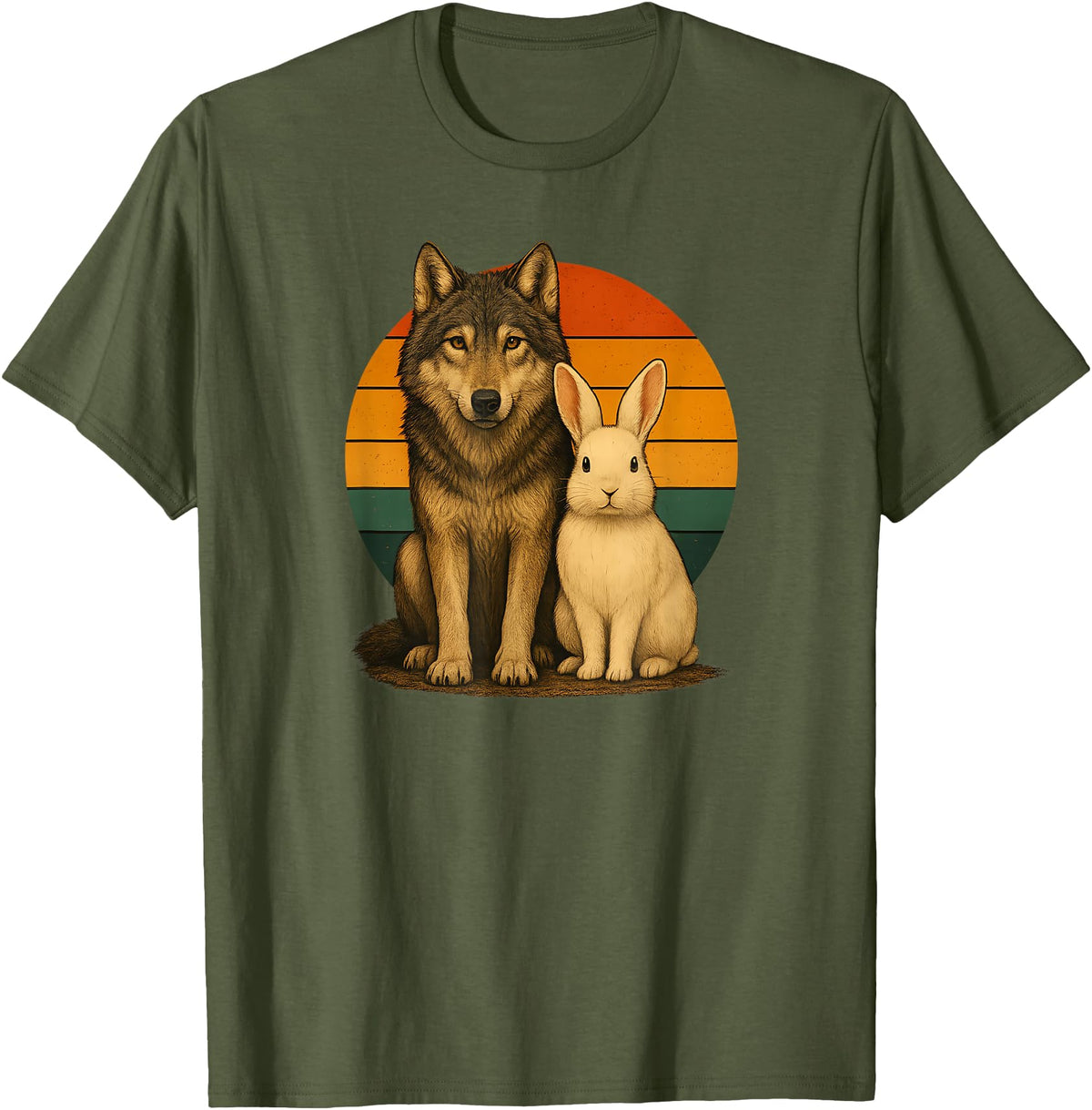 Wolf Rabbit Retro Animal Friends T-Shirt in Olive Green