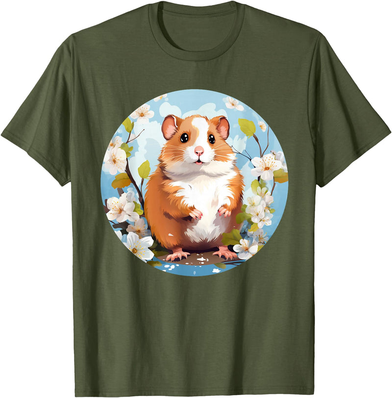 Cool Spring Flowers with Hamster for Season Lovers T-Shirt - Olive Green