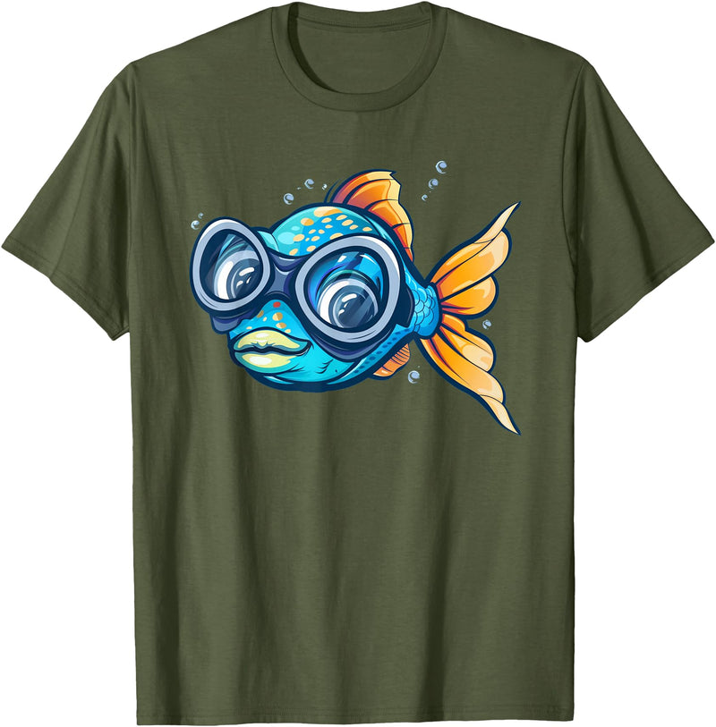 Fish with diving Googles Outfit Funny Fish Face Outfit for Summer and Fishes Lovers T-Shirt - Olive Green