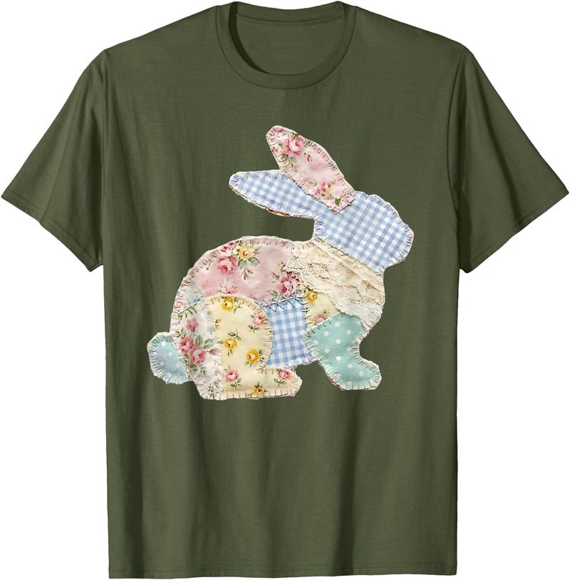 Funny Bunny Patchwork Rabbit Eggs Happy Easter Day Retro T-Shirt in Olive Green