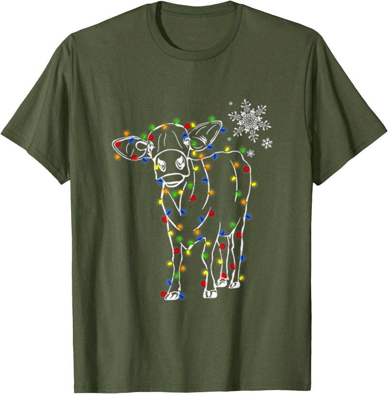 Cow Christmas Light Tree Cow Xmas Snow Lover T-Shirt - Olive Green