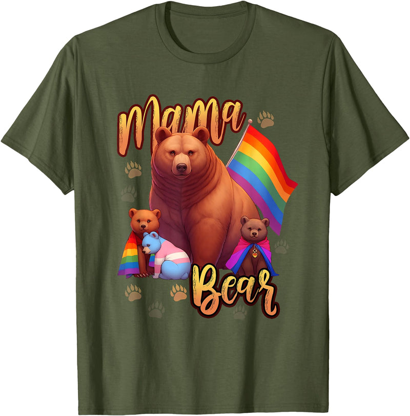 Mom Hugs Proud Mama Mom Bear LGBT Gay Pride LGBTQ Flag T-Shirt - Olive Green