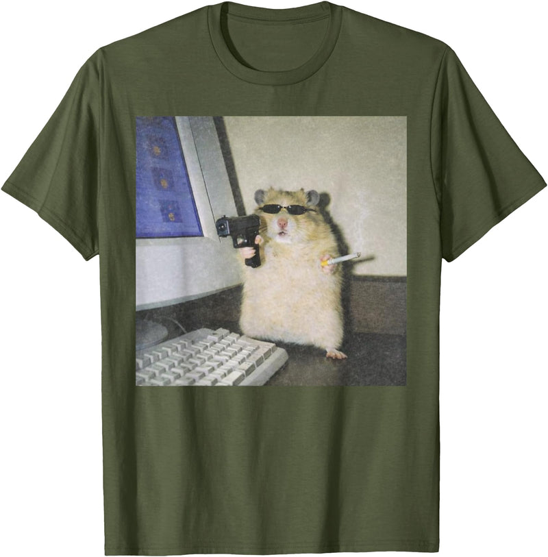 Cyber Hamster Meme Cringe Funny Animal Vintage Graphic Tee T-Shirt - Olive Green