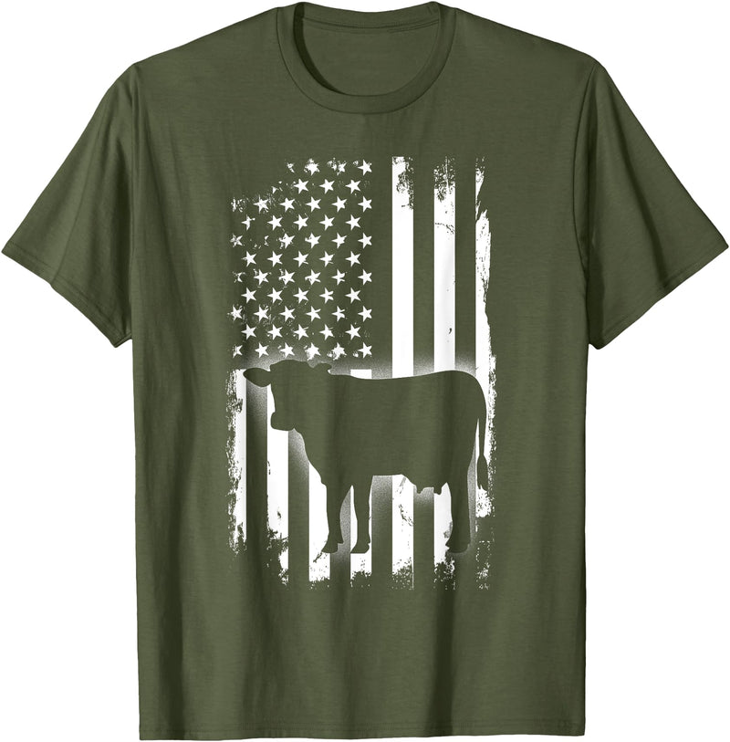 Cows USA American Flag Vintage Cow American Flag Farm Animal Patriotic Farmer T-Shirt for Women Kids Men - Olive Green