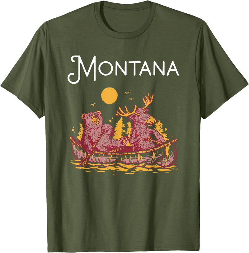 Montana Canoe TShirtz & More Montana Shirt Funny Canoe Moose Elk Bear Lake Canoeing T-Shirt - Olive Green