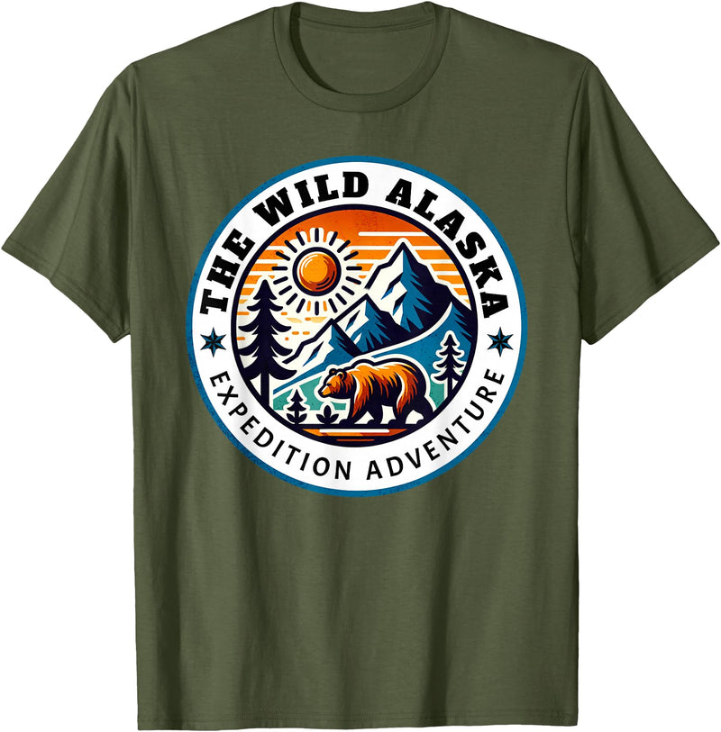 Hiking Glacier Bear and Alaska Frontier Apparel Glacier Mountain Landscape and Alaskan Bear Wildlife T-Shirt - Olive Green