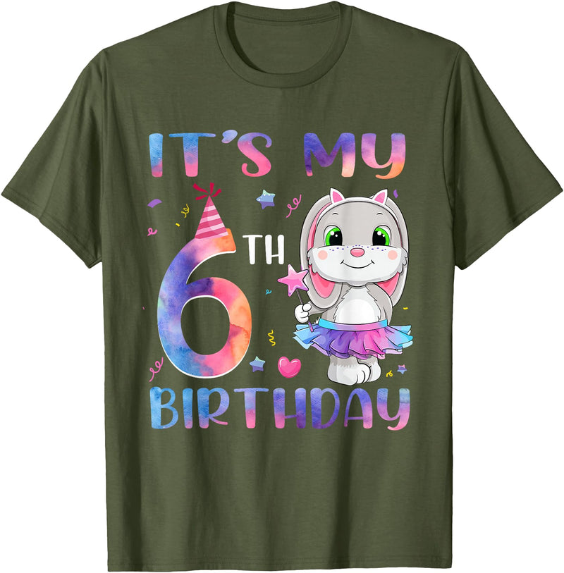 It's My 6th Birthday Bunny Rabbit 6 Years Old Boy Girl T-Shirt in Olive Green