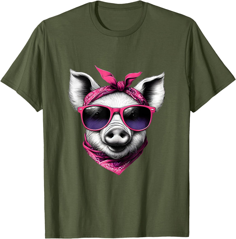 Fashionable Animals Wearing Pink Bandanas Pig Wearing A Pink Bandana Headband And Sunglasses T-Shirt - Olive Green