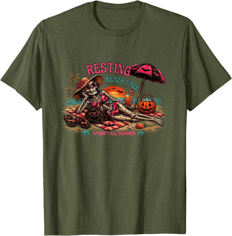 Spooky Summer Vibes retro summerween halloween Funny Skeleton Beach Halloween Resting Beach Face summerween T-Shirt - Olive