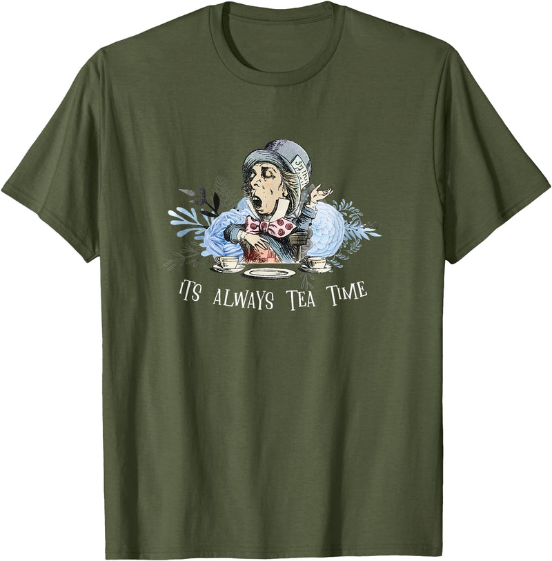 Alice in Wonderland - Floral - It's Aways Tea Time Rabbit T-Shirt in Olive Green